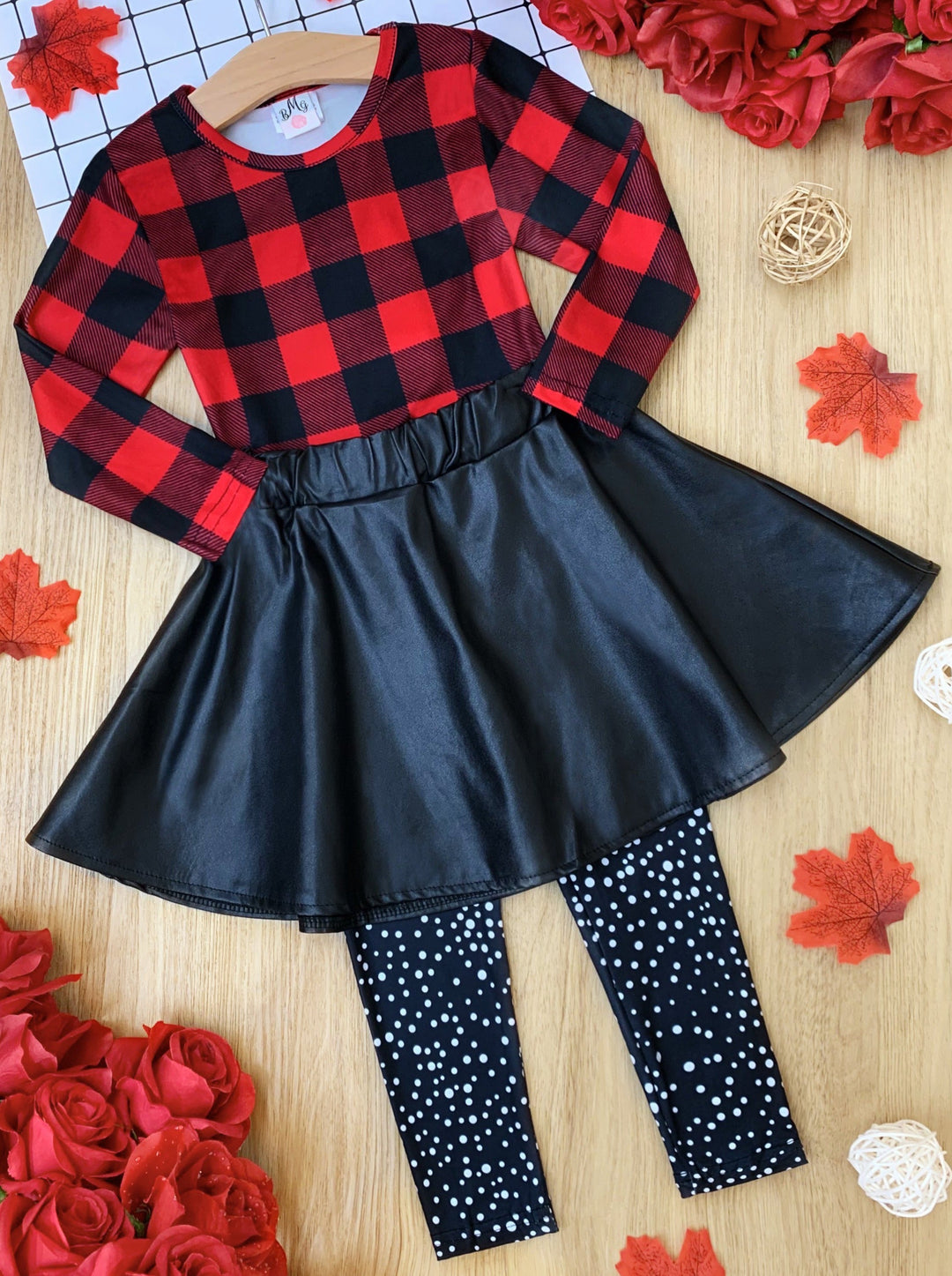 Girls Boutique Clothing | Plaid Top, PU Skirt & Polka Dot Legging Set