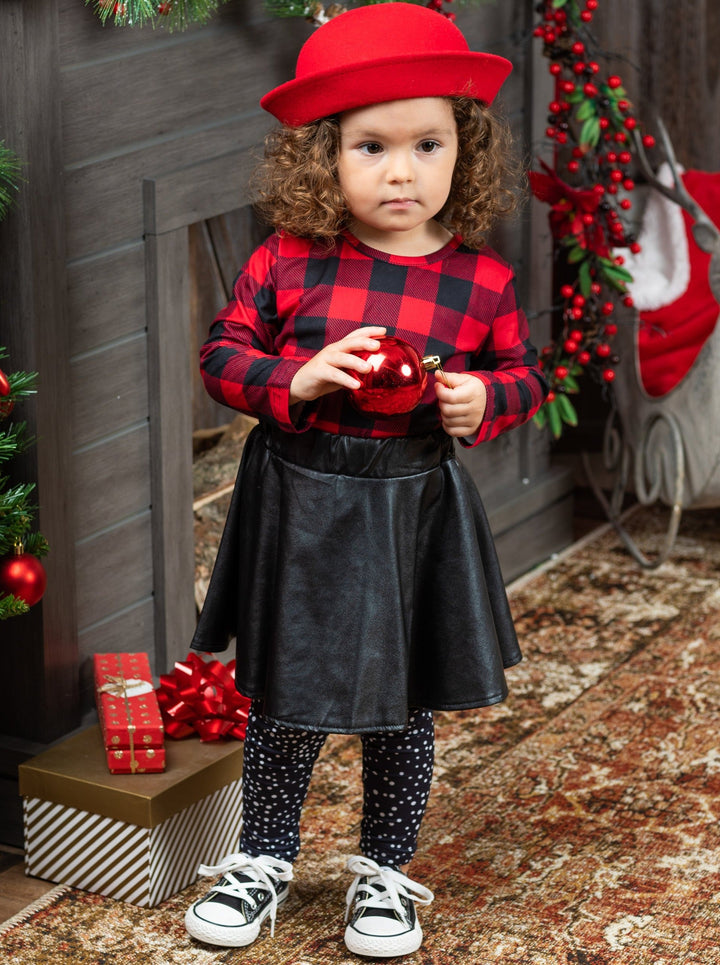 Girls Boutique Clothing | Plaid Top, PU Skirt & Polka Dot Legging Set