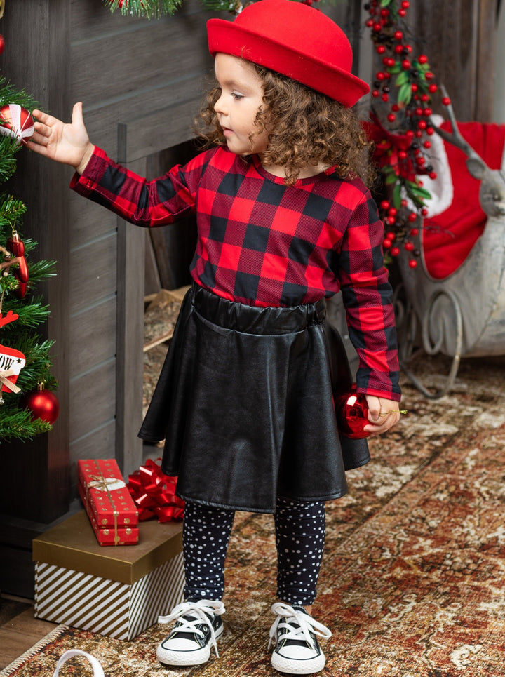 Girls Boutique Clothing | Plaid Top, PU Skirt & Polka Dot Legging Set