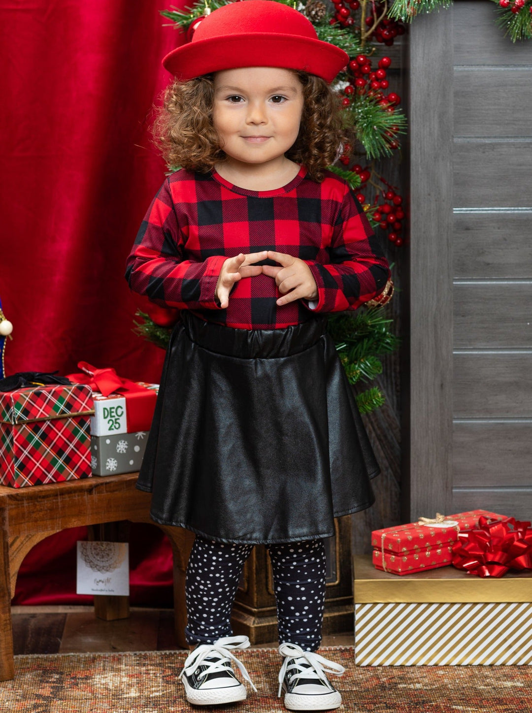 Girls Boutique Clothing | Plaid Top, PU Skirt & Polka Dot Legging Set