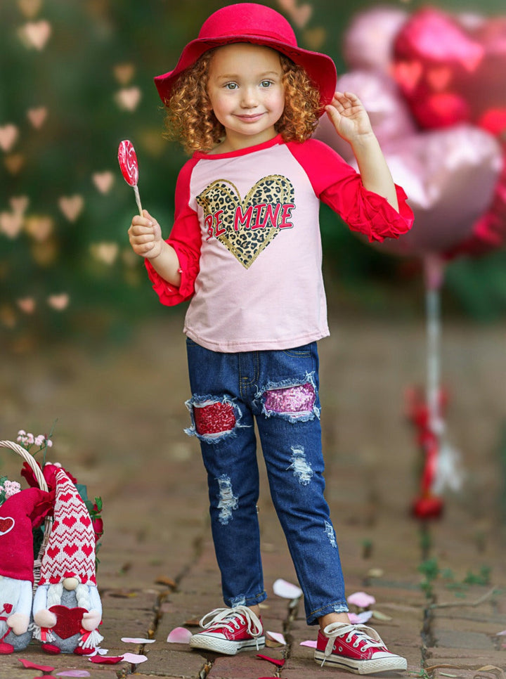 Kids Valentine's Clothes | Ruffle Raglan Top & Sequin Patched Jeans Set