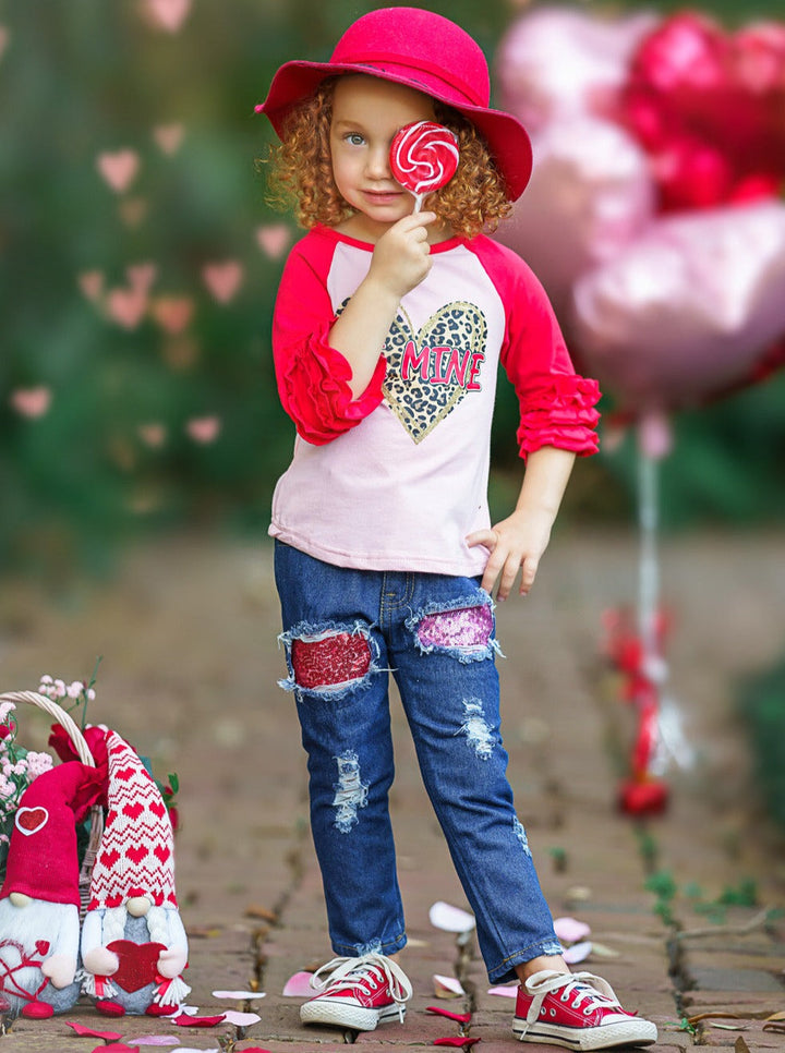 Kids Valentine's Clothes | Ruffle Raglan Top & Sequin Patched Jeans Set