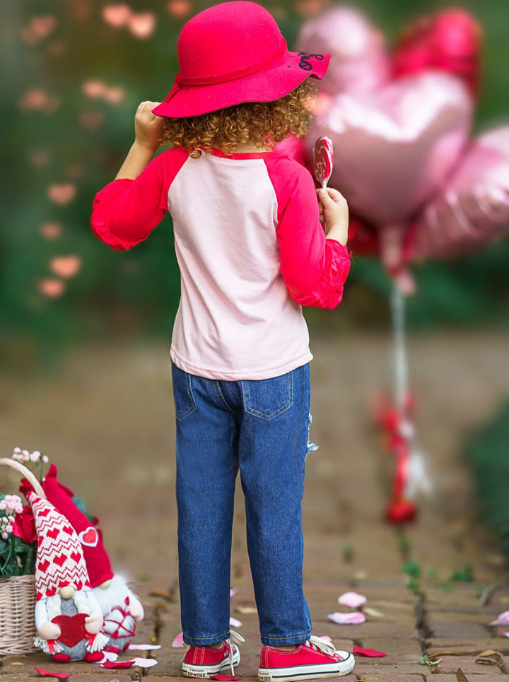 Kids Valentine's Clothes | Ruffle Raglan Top & Sequin Patched Jeans Set