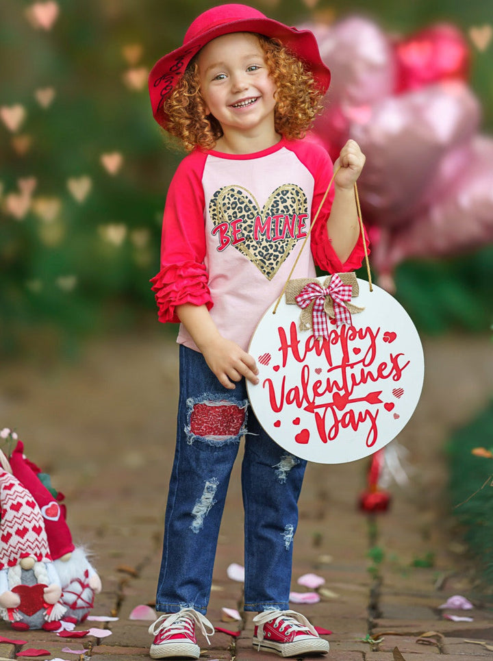 Kids Valentine's Clothes | Ruffle Raglan Top & Sequin Patched Jeans Set