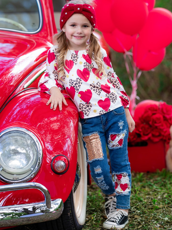 Kids Valentine's Clothes | Girls Animal Print Hearts Patched Jeans Set