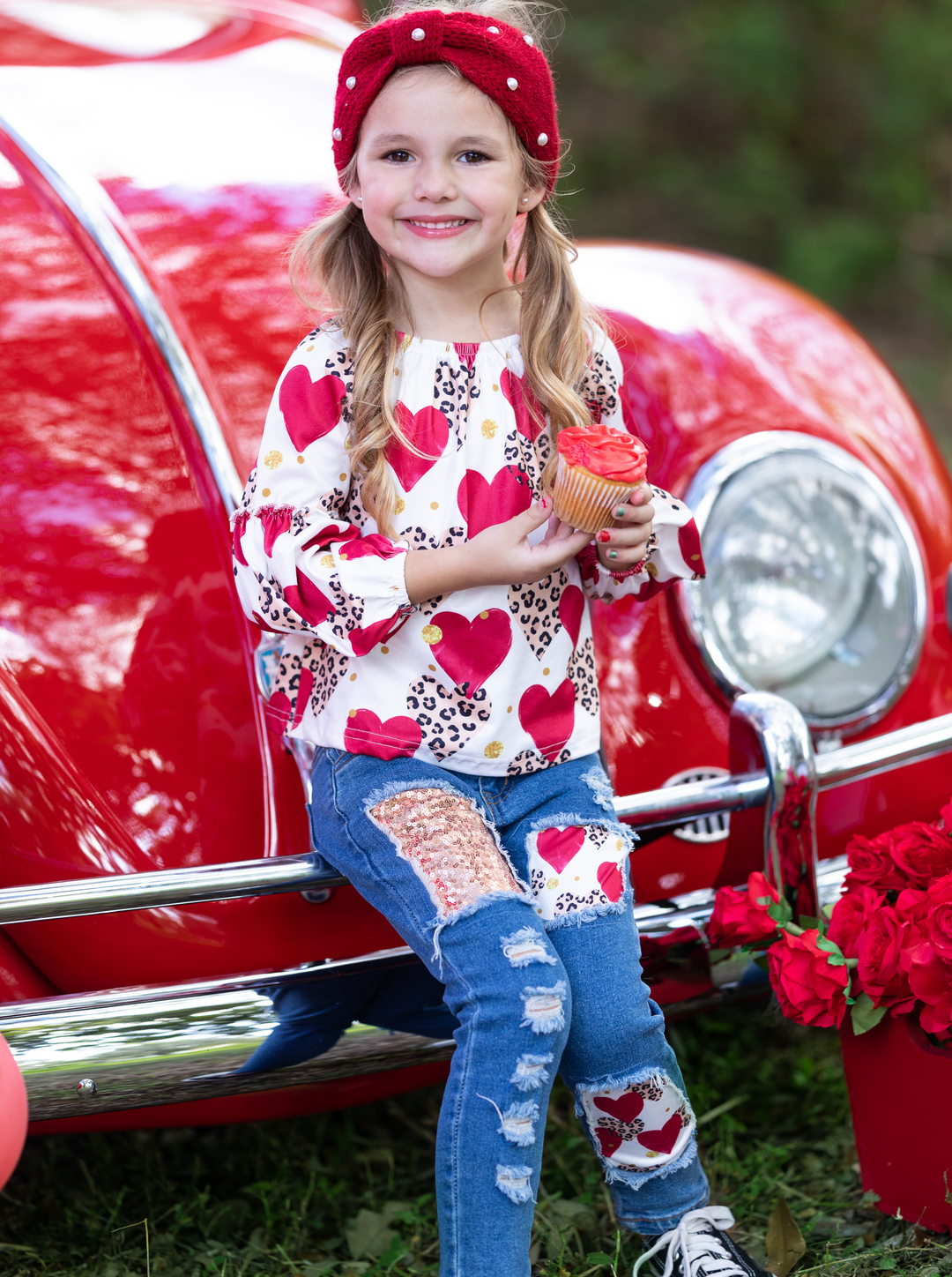 Kids Valentine's Clothes | Girls Animal Print Hearts Patched Jeans Set