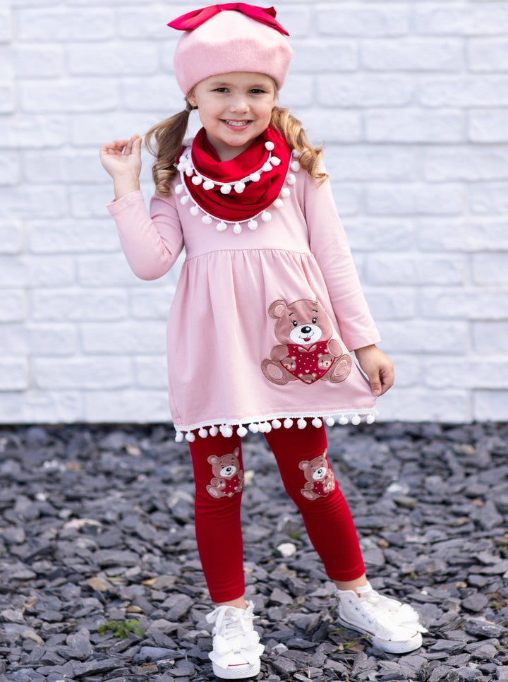 Kids Valentine's Clothes | Teddy Bear Tassel Tunic Scarf & Legging Set