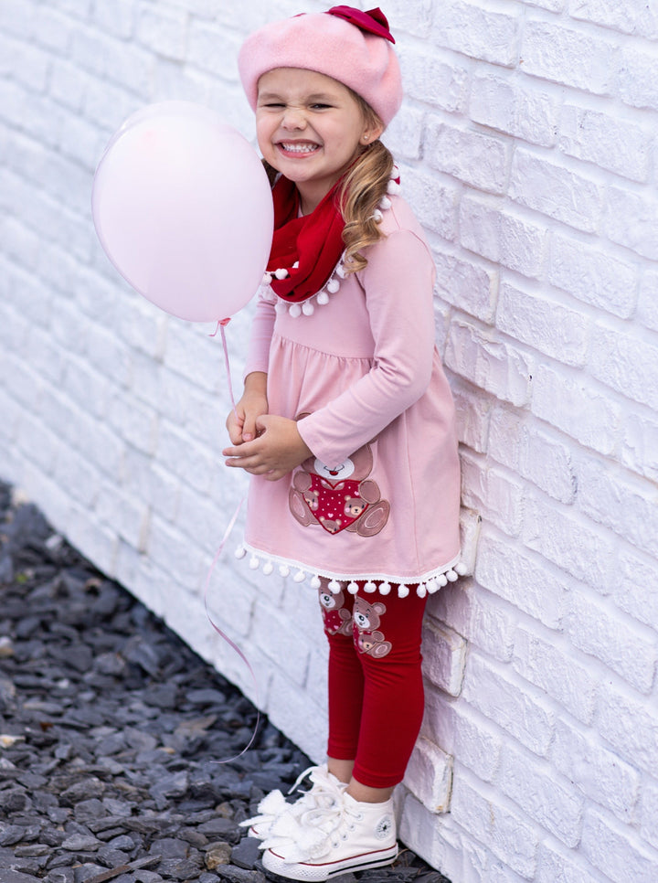 Kids Valentine's Clothes | Teddy Bear Tassel Tunic Scarf & Legging Set