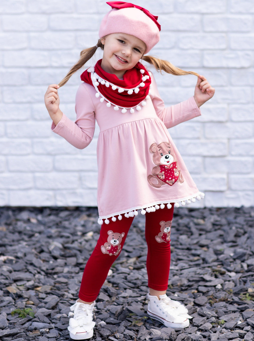 Kids Valentine's Clothes | Teddy Bear Tassel Tunic Scarf & Legging Set