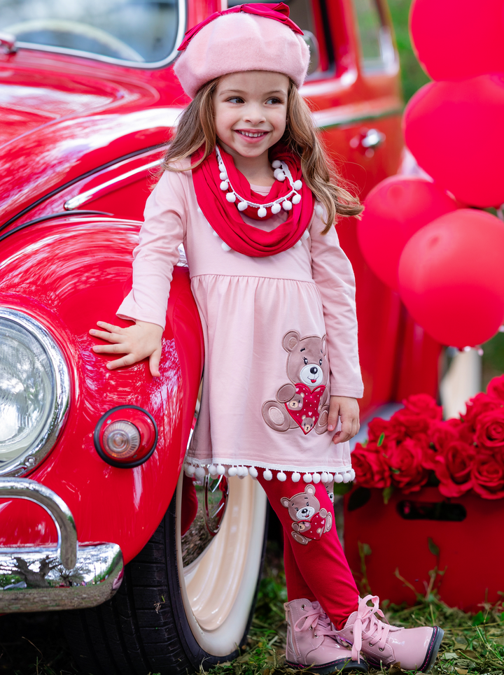 Kids Valentine's Clothes | Teddy Bear Tassel Tunic Scarf & Legging Set