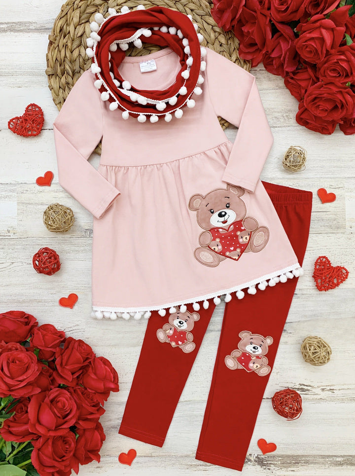 Kids Valentine's Clothes | Teddy Bear Tassel Tunic Scarf & Legging Set