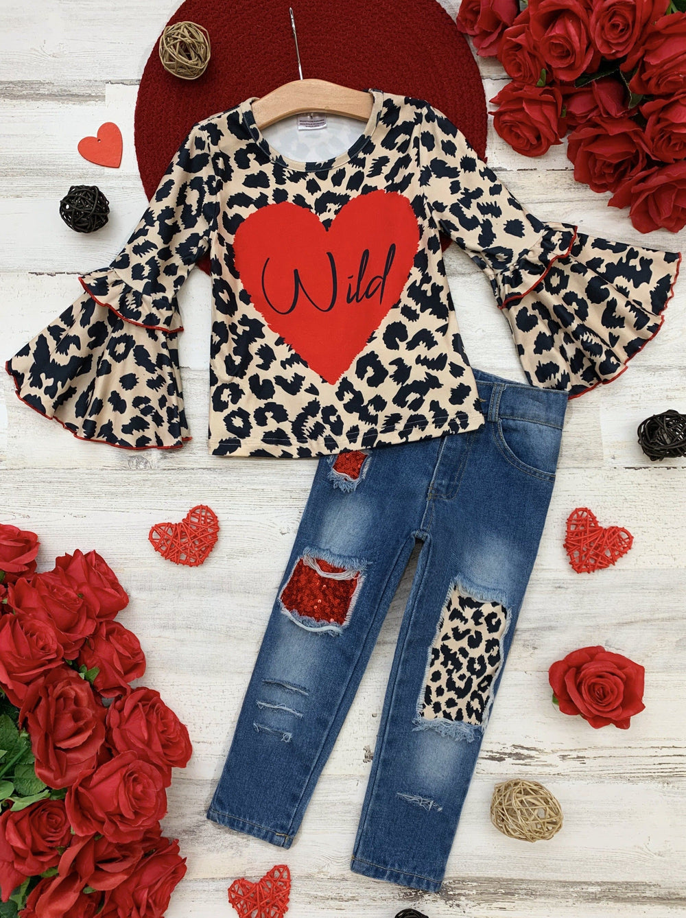 Kids Valentine's Clothes | Leopard Print Top & Patched Jeans Set 