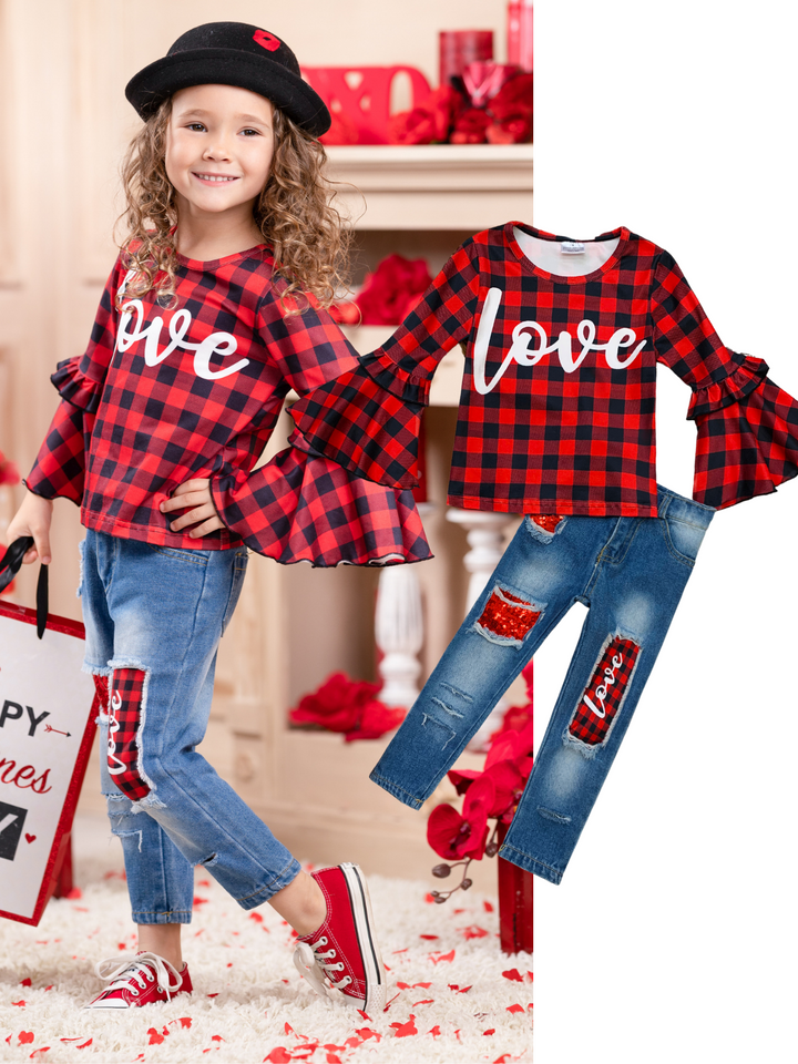 Kids Valentine's Clothes | Girls Plaid Bell Sleeve Top & Patched Jeans