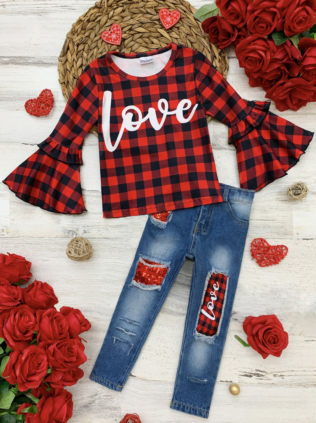 Kids Valentine's Clothes | Girls Plaid Bell Sleeve Top & Patched Jeans