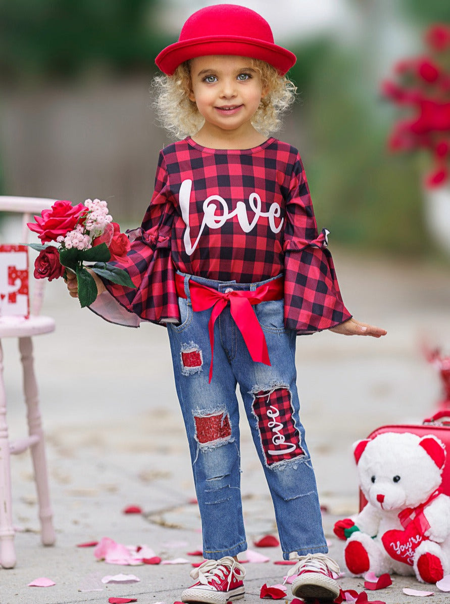 Kids Valentine's Clothes | Girls Plaid Bell Sleeve Top & Patched Jeans