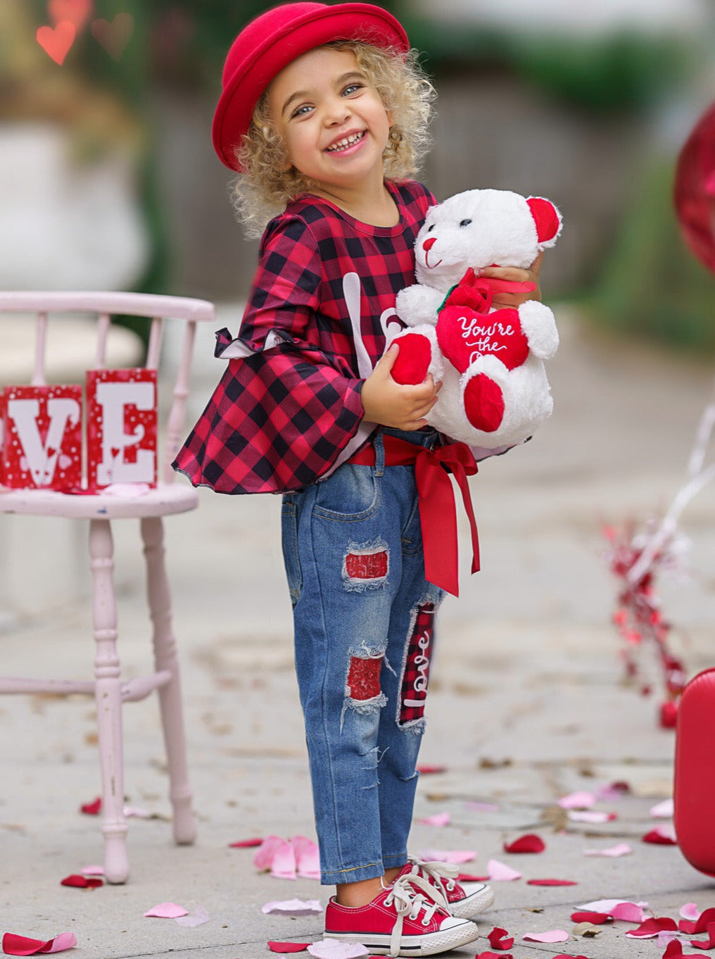 Kids Valentine's Clothes | Girls Plaid Bell Sleeve Top & Patched Jeans