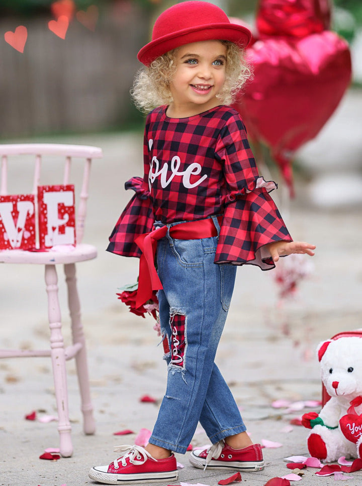 Kids Valentine's Clothes | Girls Plaid Bell Sleeve Top & Patched Jeans