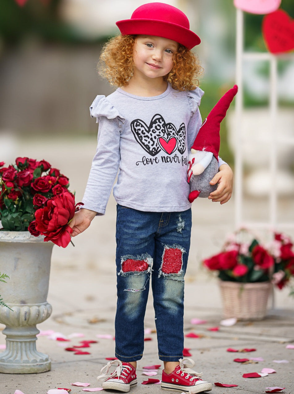 Kids Valentine's Clothes | Love Never Fails Top & Patched Jeans Set