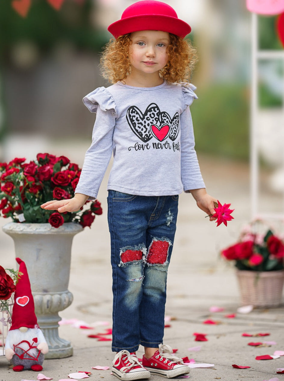 Kids Valentine's Clothes | Love Never Fails Top & Patched Jeans Set