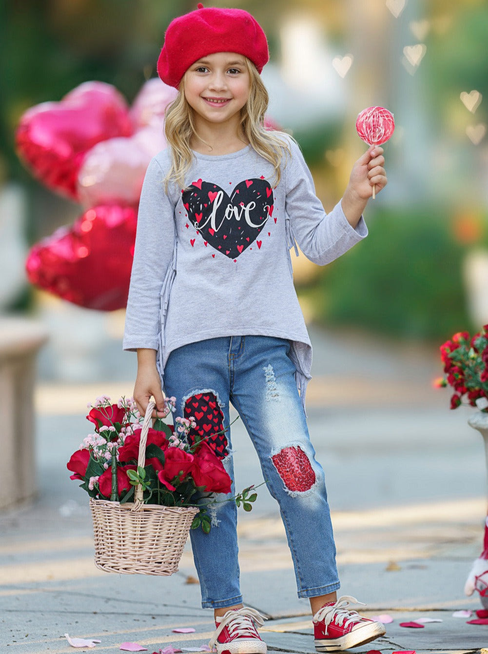 Kids Valentine's Clothes | Girls Heart Fringe Top & Patched Jeans Set