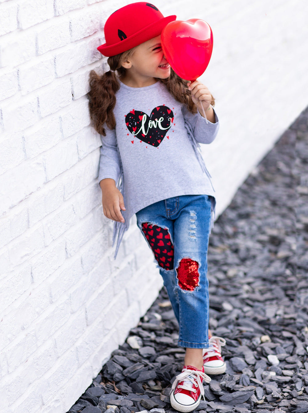 Kids Valentine's Clothes | Girls Heart Fringe Top & Patched Jeans Set