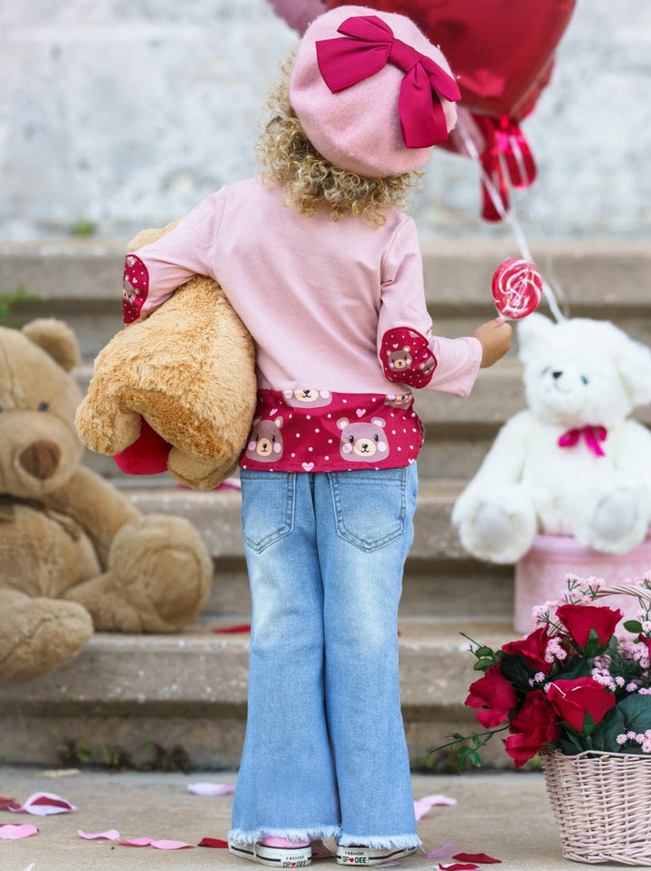 Toddler Valentine's Clothes | Girls Teddy Bear Tunic & Jeans Set