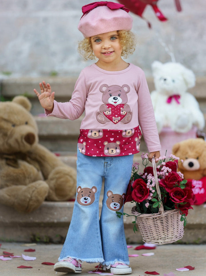 Toddler Valentine's Clothes | Girls Teddy Bear Tunic & Jeans Set