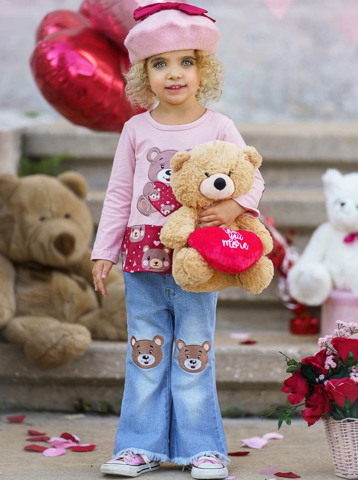 Toddler Valentine's Clothes | Girls Teddy Bear Tunic & Jeans Set