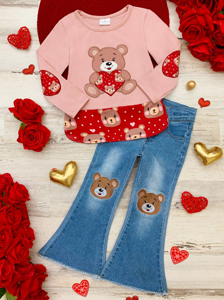 Toddler Valentine's Clothes | Girls Teddy Bear Tunic & Jeans Set