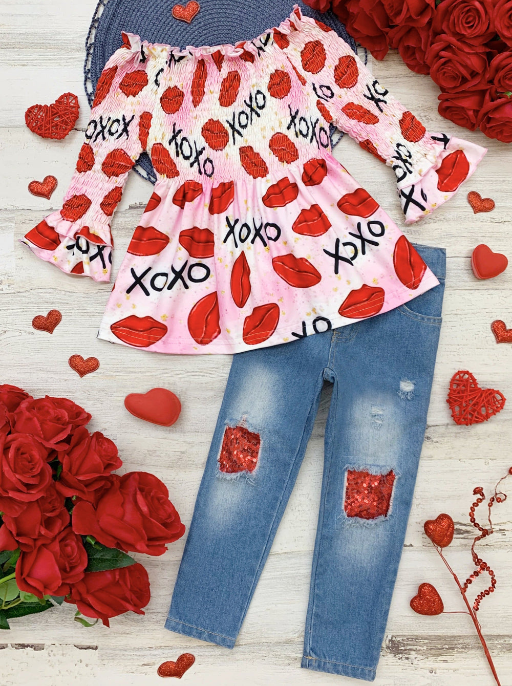 Kids Valentine's Clothes | Ruched XOXO Top & Sequin Patched Jeans Set