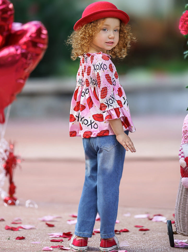 Kids Valentine's Clothes | Ruched XOXO Top & Sequin Patched Jeans Set