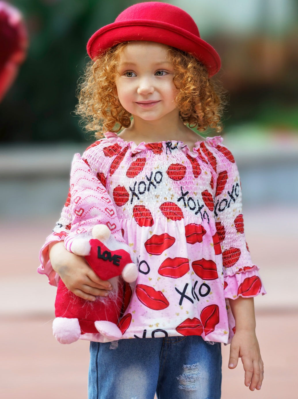 Kids Valentine's Clothes | Ruched XOXO Top & Sequin Patched Jeans Set