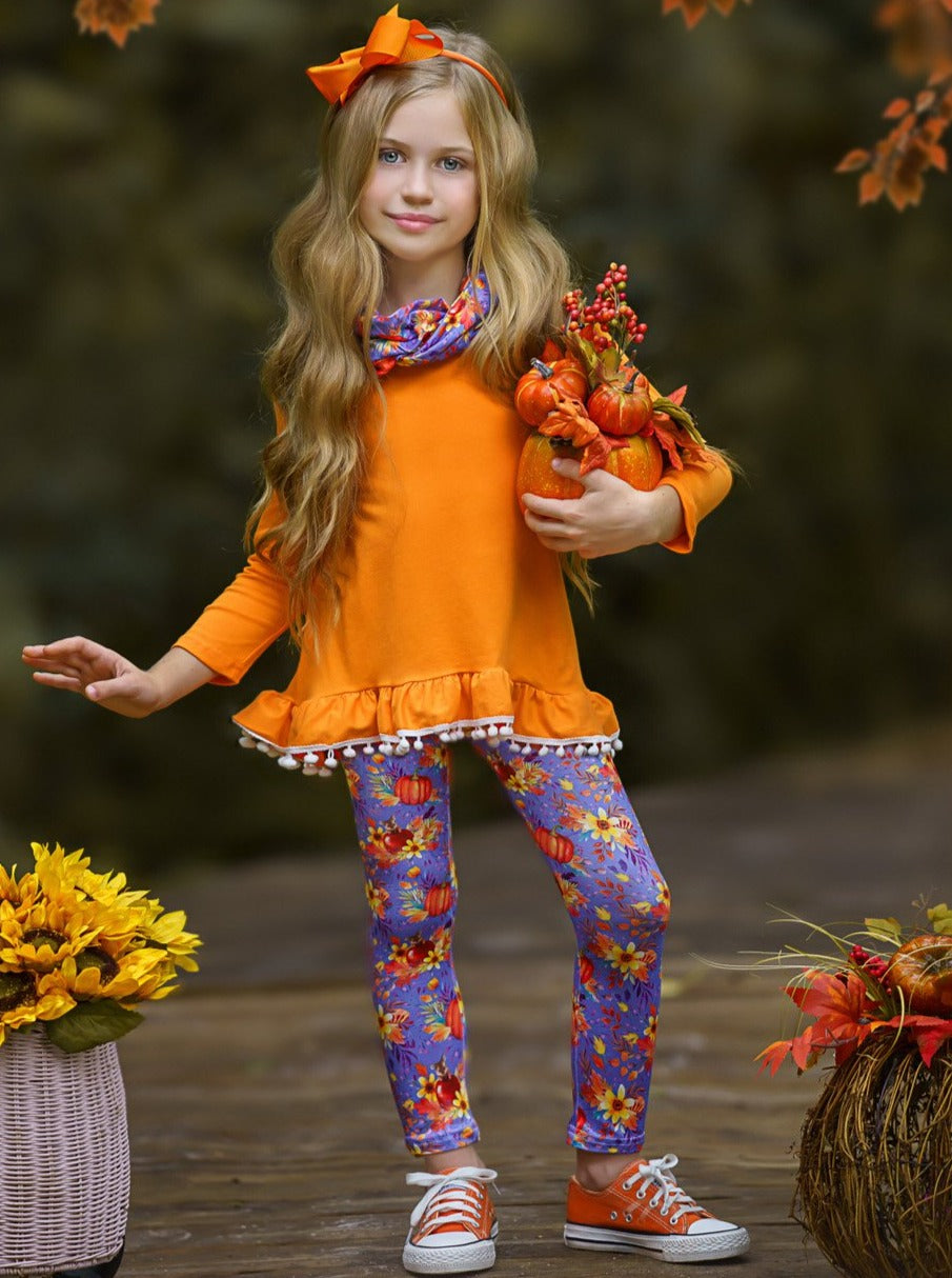 Cute Outfits For Girls | Fall Pumpkin Tunic, Legging & Scarf Set