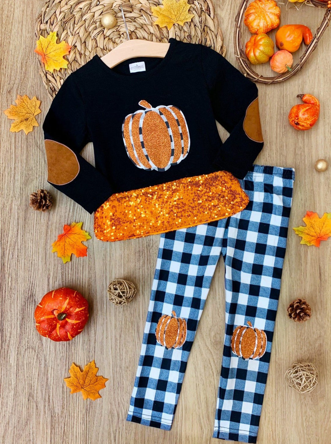 Girls Sequin Pumpkin Tunic & Patched Legging Set - Mia Belle Girls