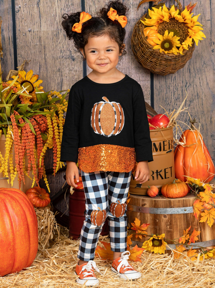 Girls Sequin Pumpkin Tunic & Patched Legging Set - Mia Belle Girls