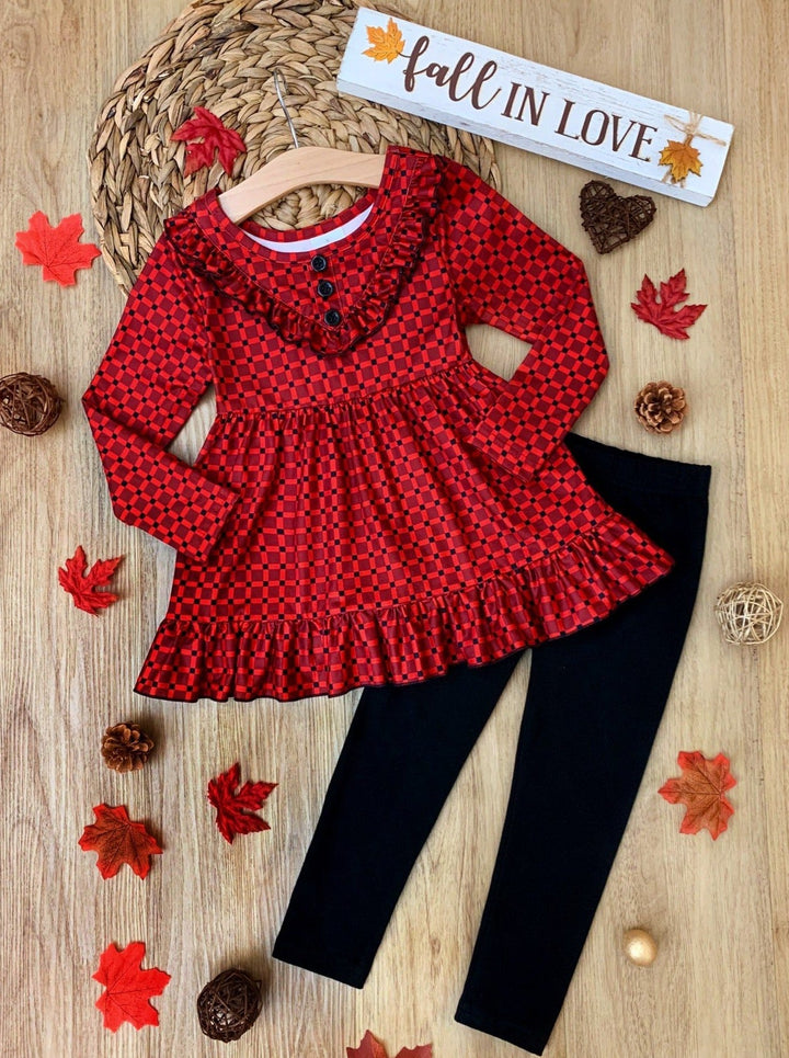 Girls Can't Go Wrong with Casual Chic Ruffled Plaid Tunic with Legging Set - Burgundy