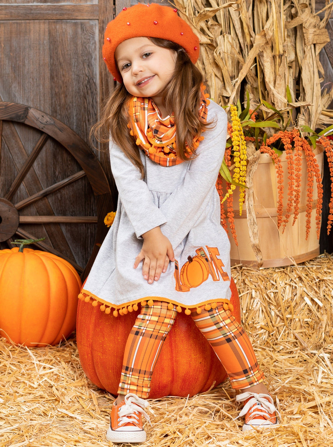 Girls Pumpkin Themed Tunic, Leggings & Scarf Set - Mia Belle Girls