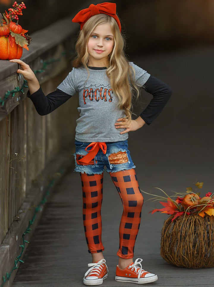 Girls Hocus Pocus Top, Leggings & Denim Shorts Set - Mia Belle Girls