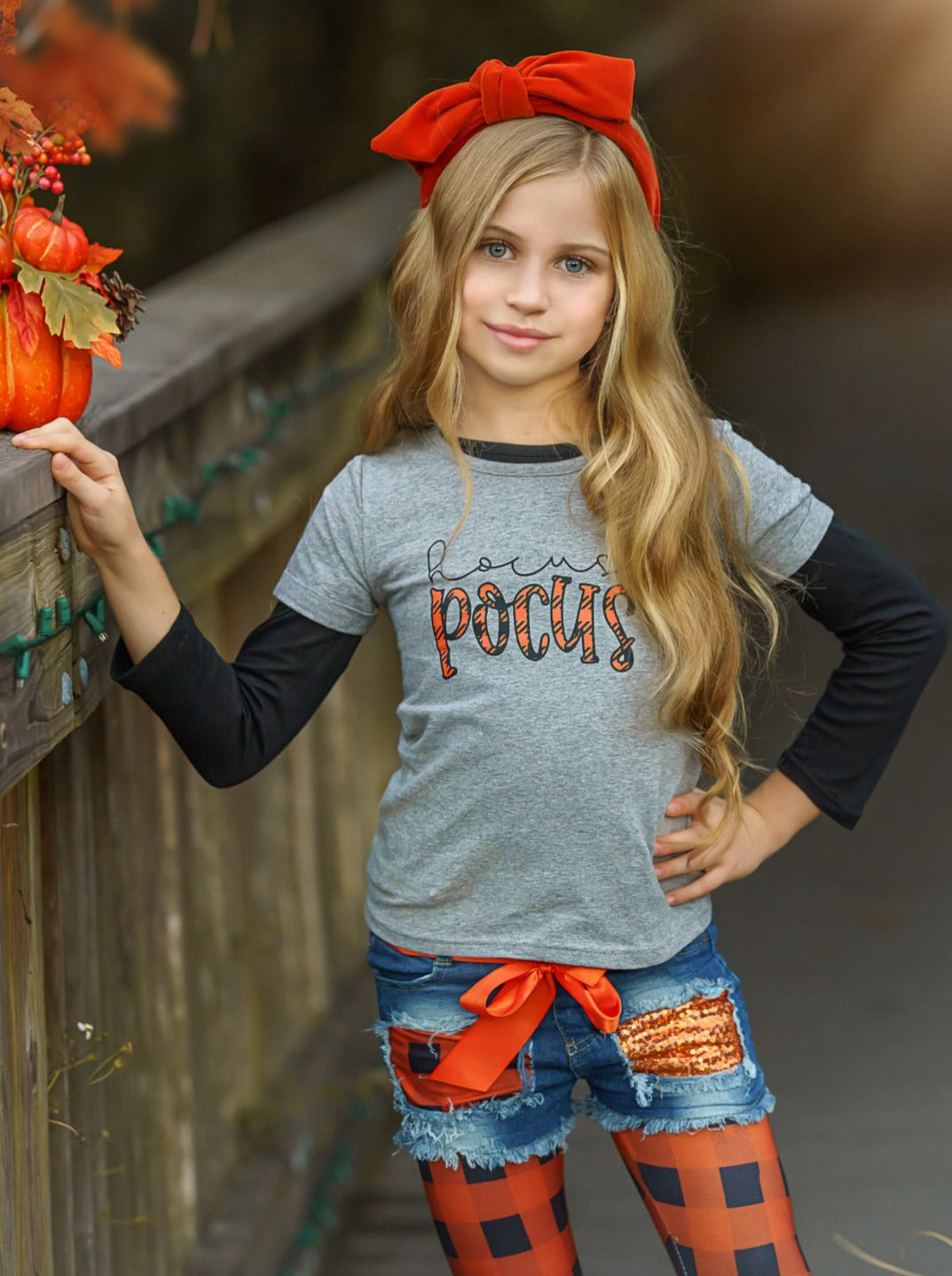 Girls Hocus Pocus Top, Leggings & Denim Shorts Set - Mia Belle Girls