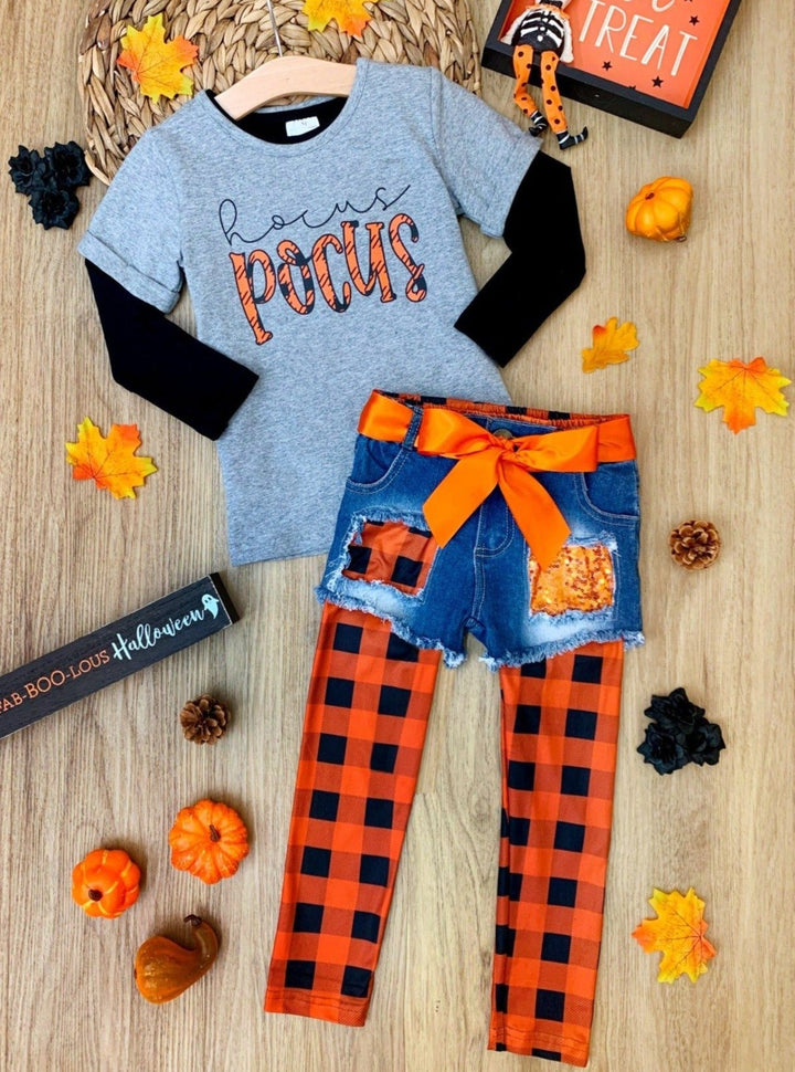 Girls Hocus Pocus Top, Leggings & Denim Shorts Set - Mia Belle Girls