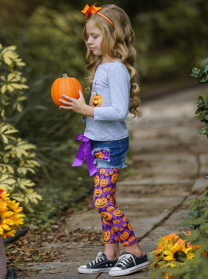 Girls Pumpkin Top, Denim Shorts & Legging Set - Mia Belle Girls