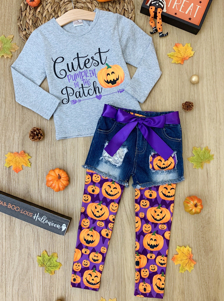 Girls Pumpkin Top, Denim Shorts & Legging Set - Mia Belle Girls