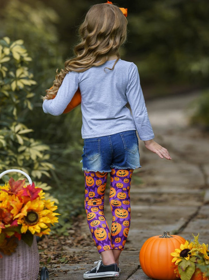 Girls Pumpkin Top, Denim Shorts & Legging Set - Mia Belle Girls