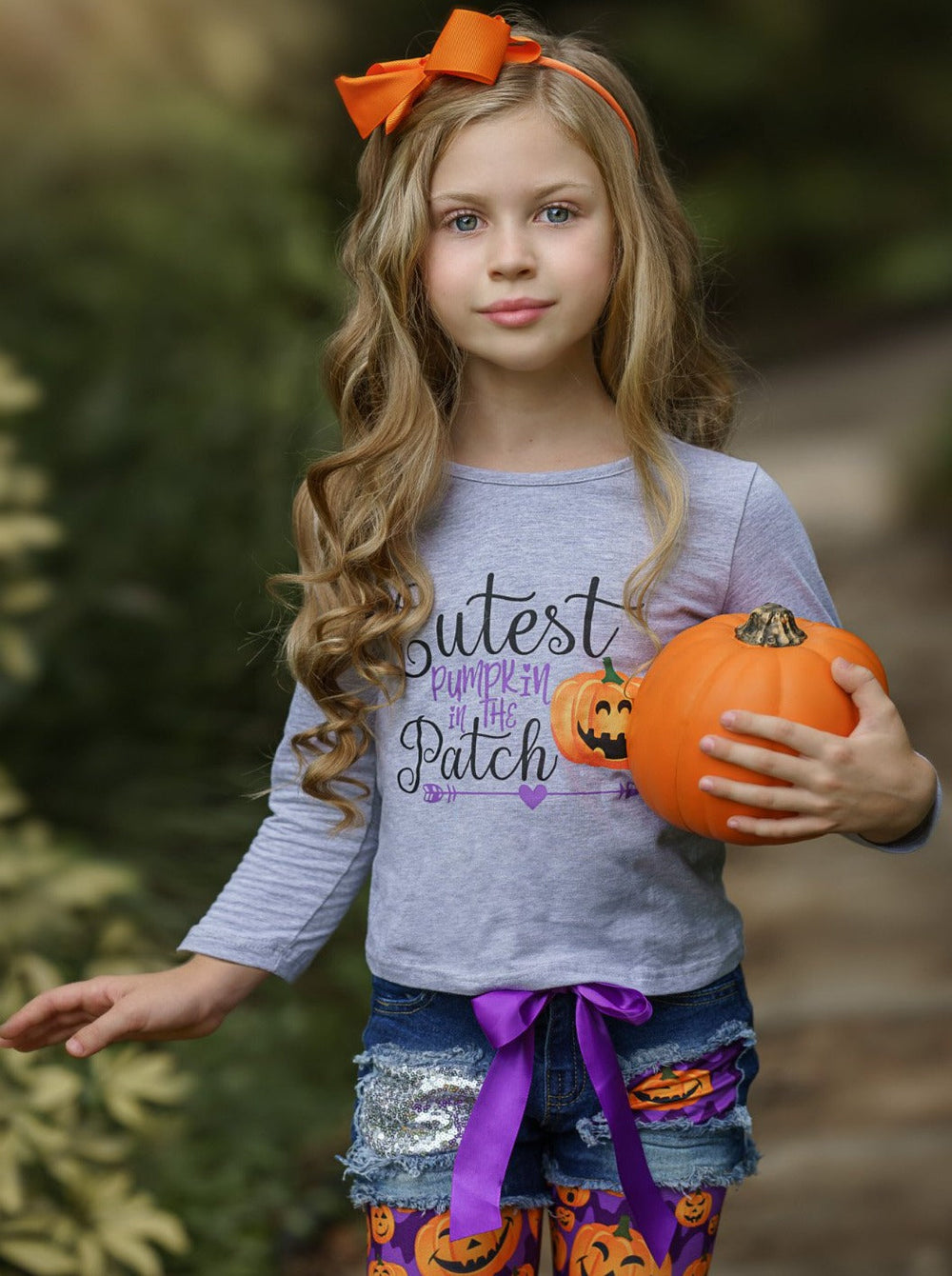 Girls Pumpkin Top, Denim Shorts & Legging Set - Mia Belle Girls