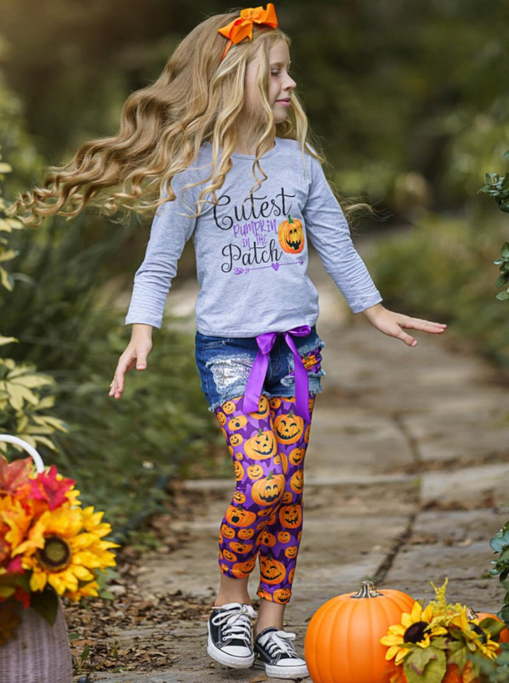 Girls Pumpkin Top, Denim Shorts & Legging Set - Mia Belle Girls