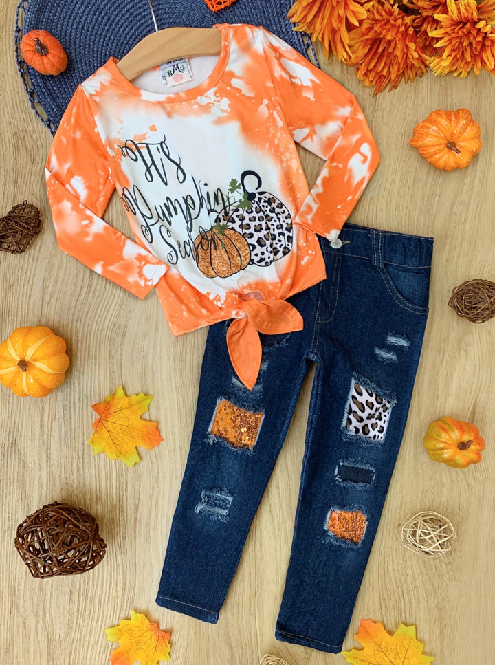 Toddlers Fall Outfits | Pumpkin Tie Dye Knit Hem Top Patched Jeans Set