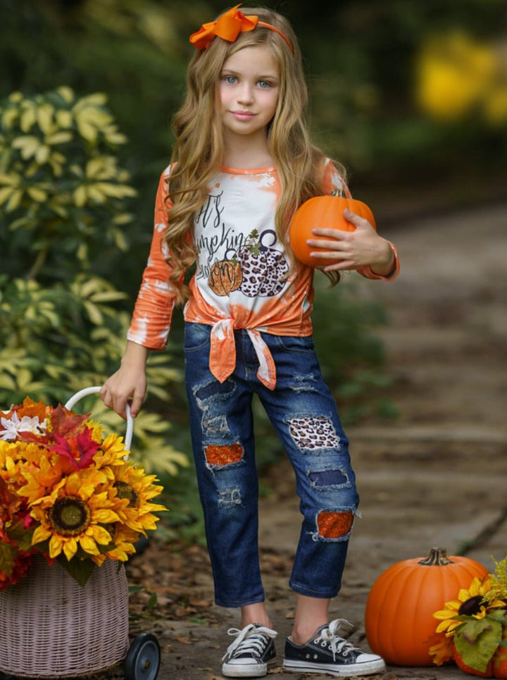 Toddlers Fall Outfits | Pumpkin Tie Dye Knit Hem Top Patched Jeans Set