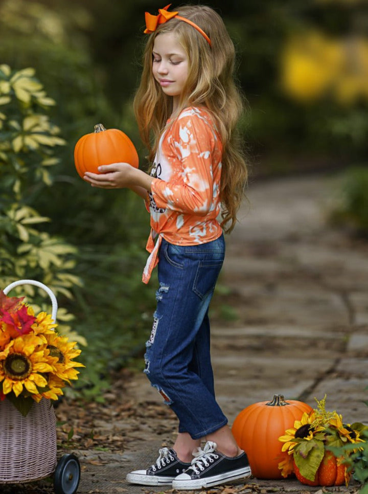 Toddlers Fall Outfits | Pumpkin Tie Dye Knit Hem Top Patched Jeans Set