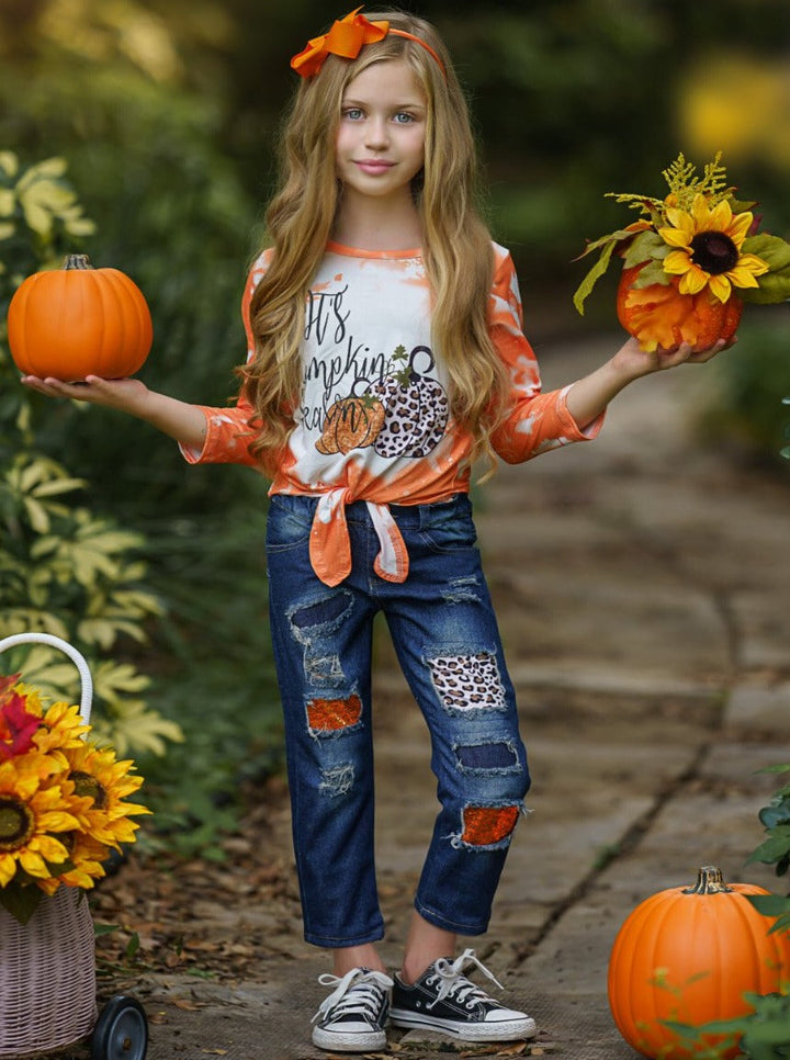 Toddlers Fall Outfits | Pumpkin Tie Dye Knit Hem Top Patched Jeans Set