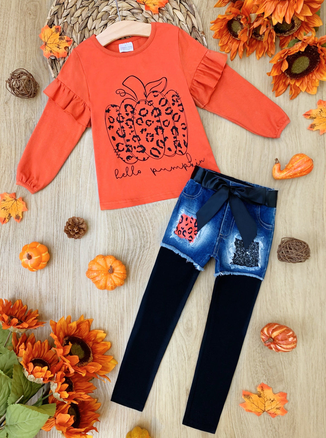 Girls Pumpkin Top Patched Denim Shorts & Legging Set - Mia Belle Girls